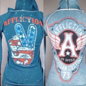 Affliction blue hoodie peace too fast to love